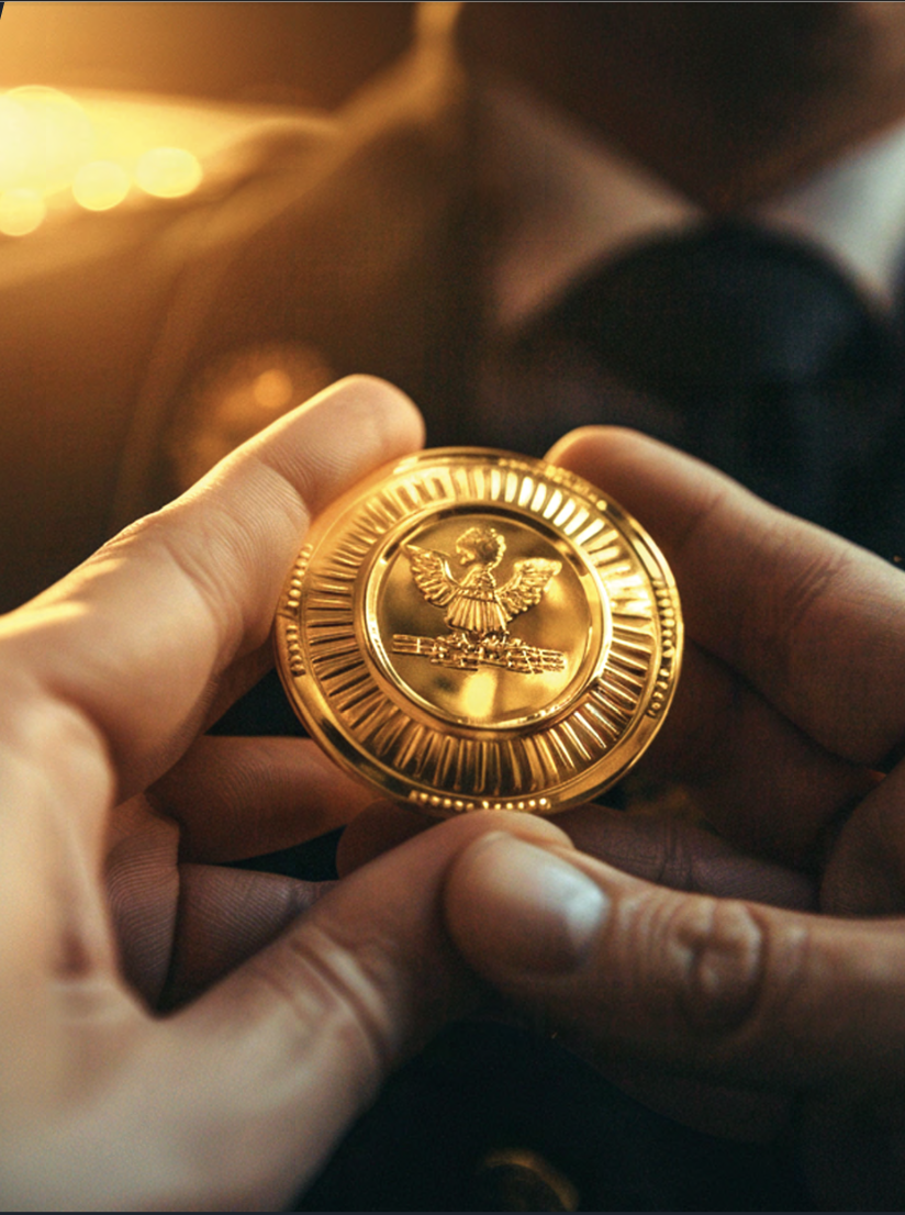 Médaille dorée de prestige tenue en main